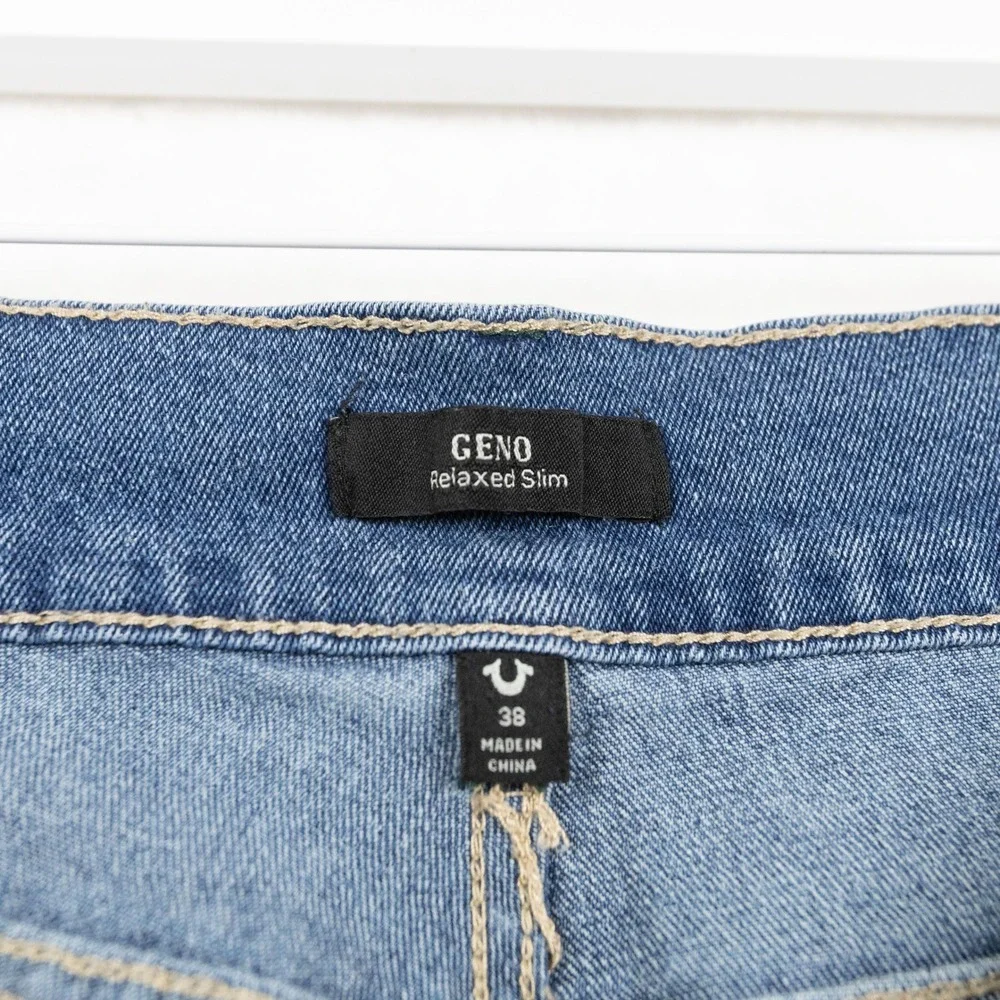 TRUE RELIGION Geno Relaxed Slim Horseshoe Flap Pocket Blue Jeans Sz 38